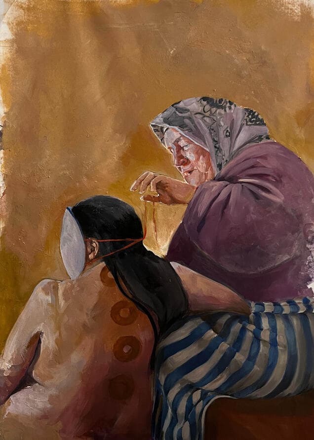 Peinture figurative — femme âgée soignant les cheveux d'une jeune femme, fond doré