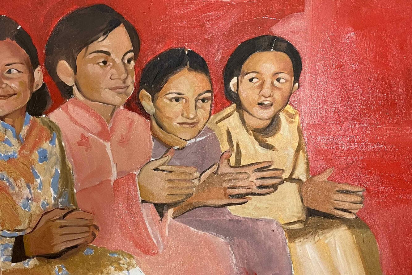Peinture figurative — femmes marocaines en caftan célébrant dans une salle ornée