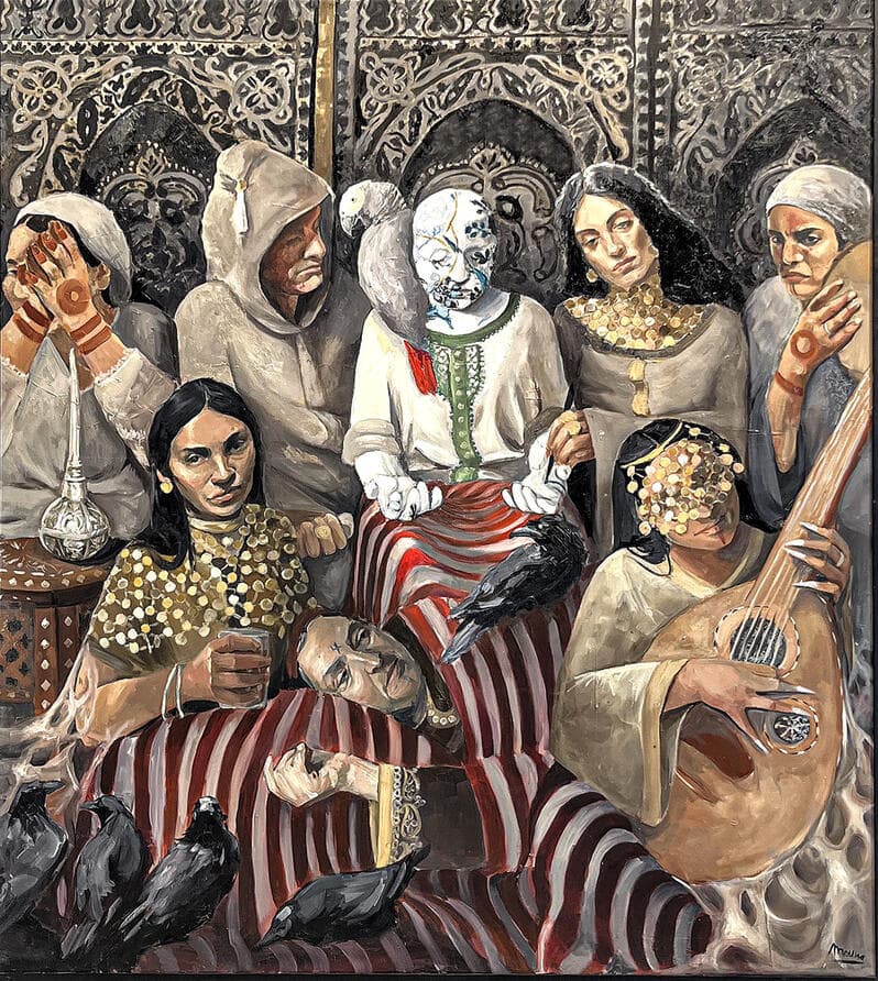 Grande composition figurative — groupe de personnages marocains traditionnels avec oud et corbeaux