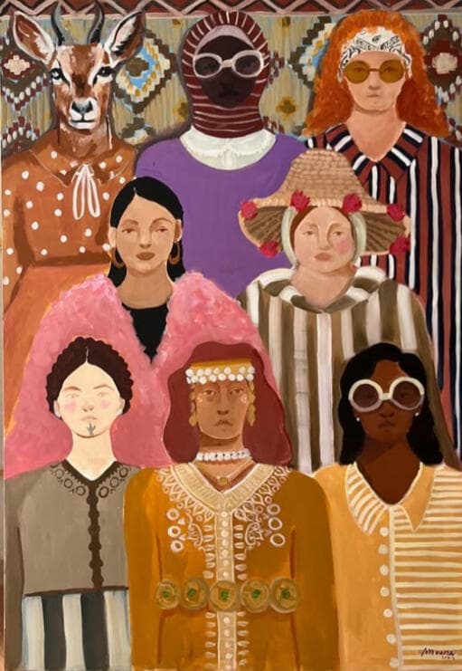 Composition figurative naïve — groupe de femmes aux identités multiples devant une tenture brodée