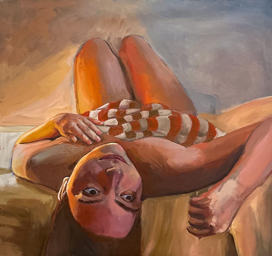 Peinture figurative — femme allongée renversée en legging à carreaux orange